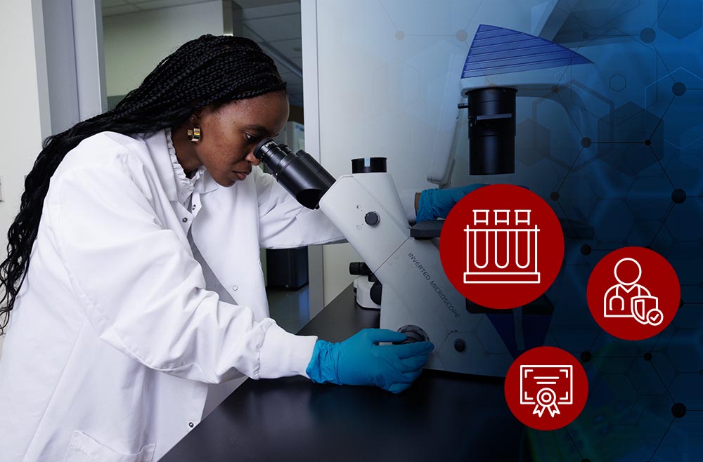 woman in lab looking into microscope with three red icons over picture that include vials, an outline of a person in a lab coat, and a certificate